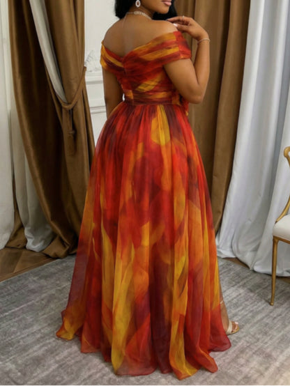 [Formal Gatherings] Plus Size - Plus Size - Plus Size Women's Spring-Summer Off-Shoulder Waist Slit Dress | Exquisite Design Suitable for Formal Gatherings And Light Social Occasions, Showcasing Elegant Temperament, Easily Creating Eye-Catching Proper Loo