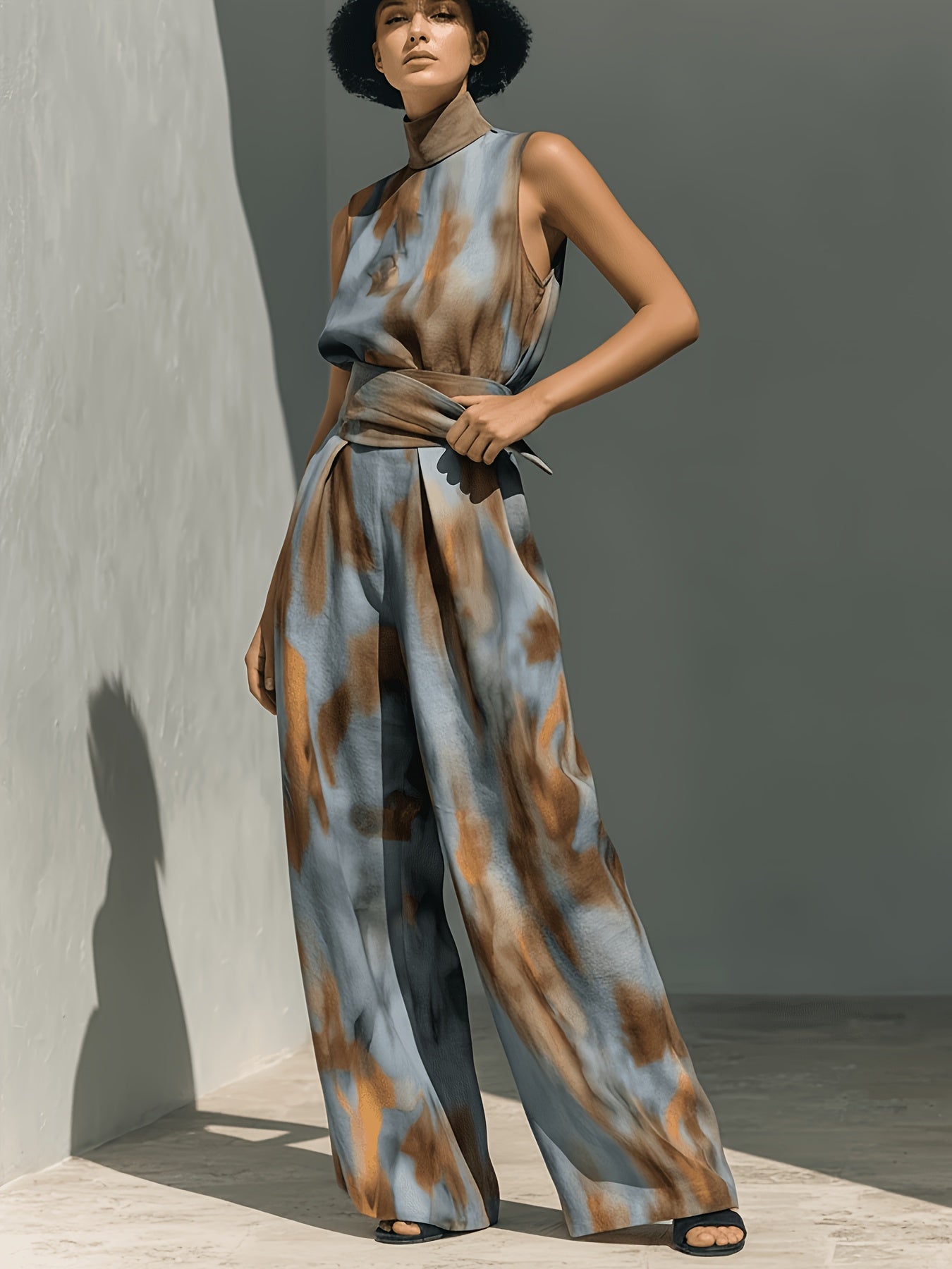 Blue & Brown Tie-Dye Print High Neck Sleeveless Top + Matching Wide-Leg Pants Women's Set | Artistic Edgy Charm, Perfect for Daily Street Style & Casual Gatherings