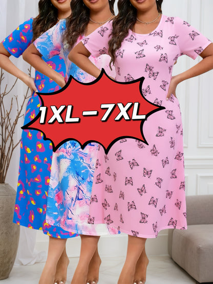 Plus Size Women'S Three-piece Short-sleeved Dress With Casual Loose Crewneck Fabric, Color-block Design, Slight Stretch, Spring, Summer, Autumn Night Nightdress Holes, Maternity Dress Nightdress