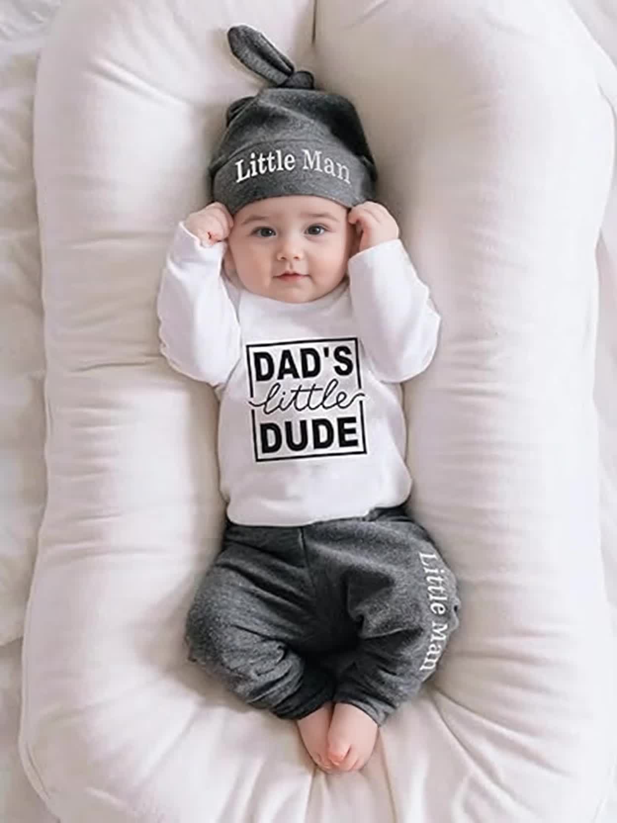 KuKitty Baby Boy Clothes Set Newborn Long Sleeve "Dad's Little DUDE" Print Tops Pants Hat Infant Boys 3Pcs Outfit Sets