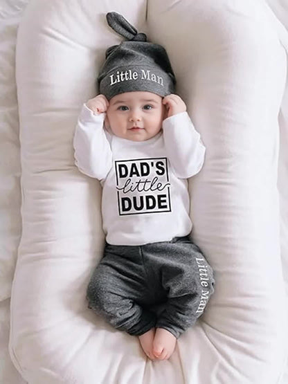 KuKitty Baby Boy Clothes Set Newborn Long Sleeve "Dad's Little DUDE" Print Tops Pants Hat Infant Boys 3Pcs Outfit Sets