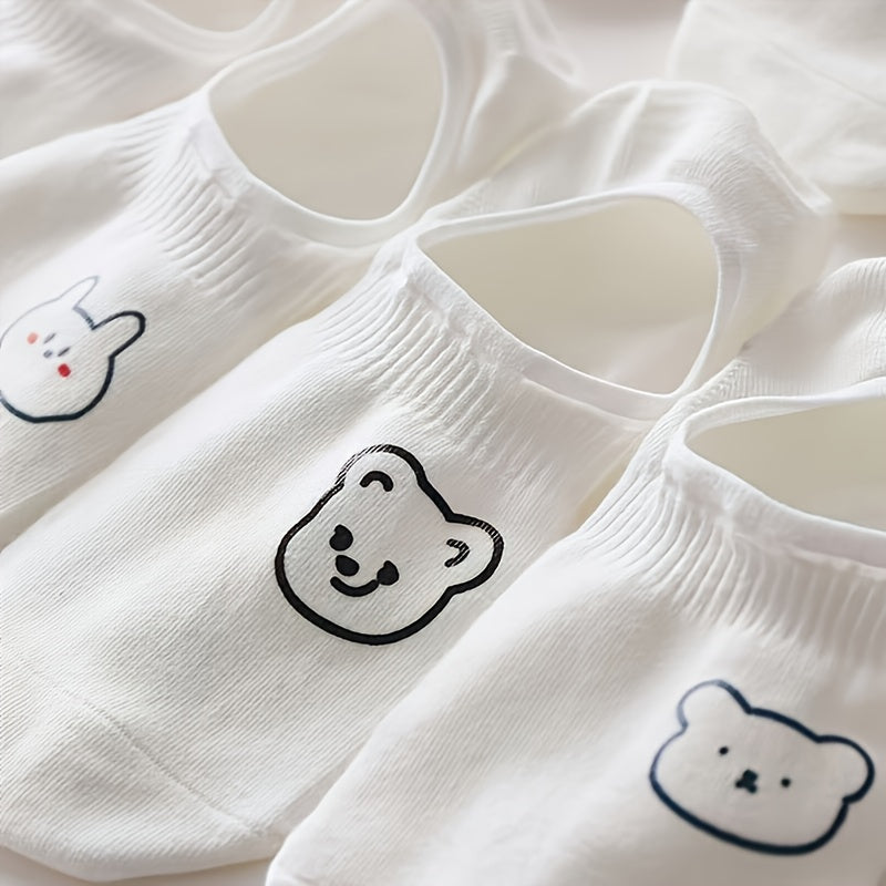 20 Pairs Women's Cute Anime Animal Face Socks - Soft Non-Slip Invisible Tip Boat & Short Socks with Heart & Bear Patterns, All-Season Comfort for Daily Wear, White with  Soles & Laces - Kawaii Style Socks for & Women, Elegant & Playful Cartoon Animal Desi