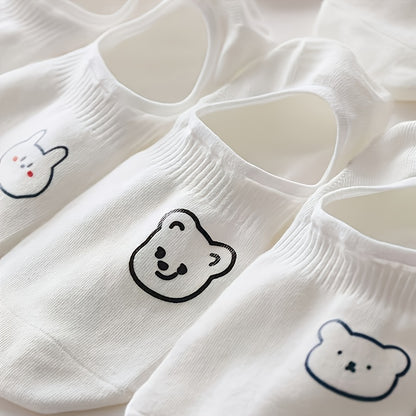 20 Pairs Women's Cute Anime Animal Face Socks - Soft Non-Slip Invisible Tip Boat & Short Socks with Heart & Bear Patterns, All-Season Comfort for Daily Wear, White with  Soles & Laces - Kawaii Style Socks for & Women, Elegant & Playful Cartoon Animal Desi