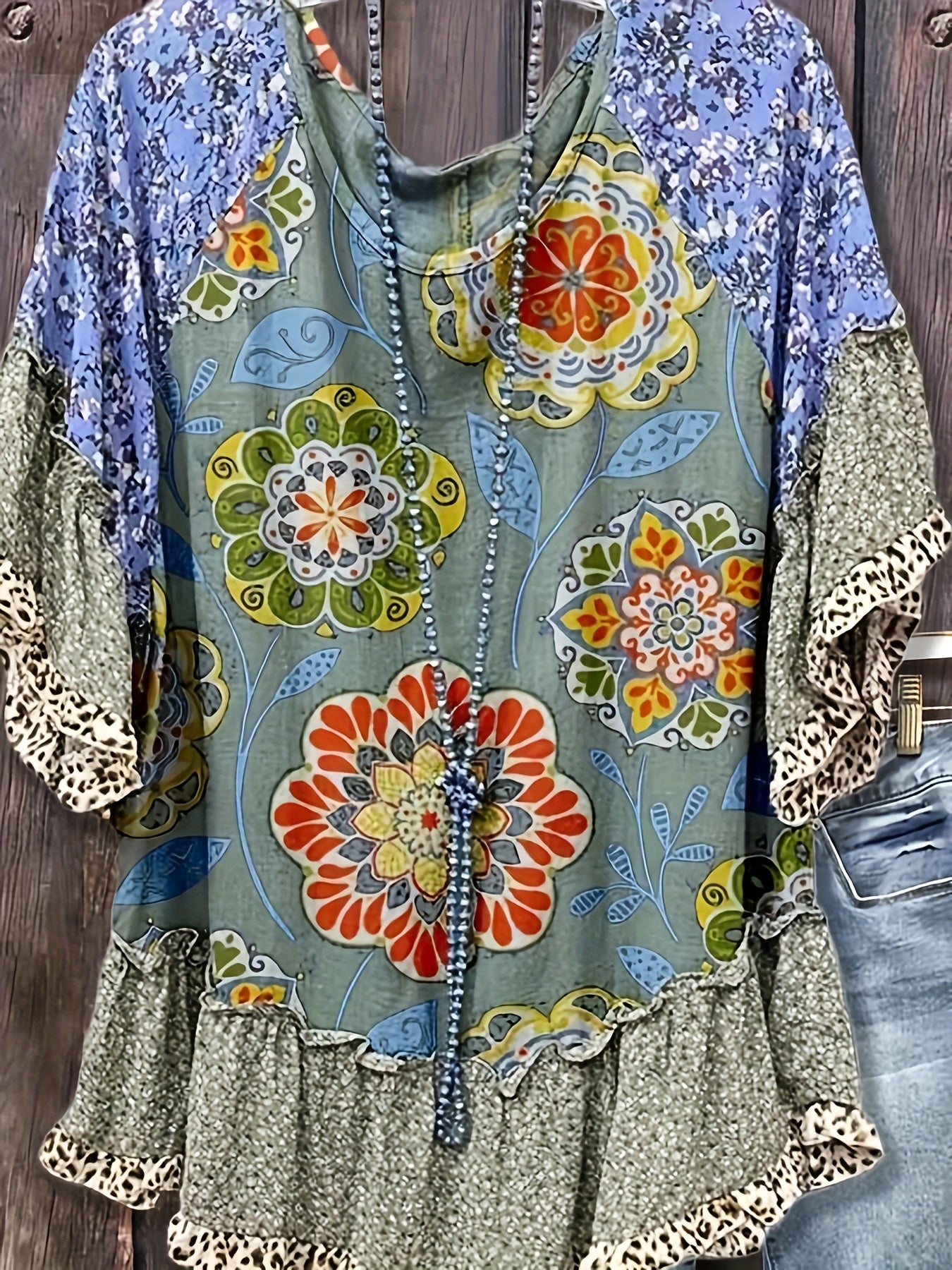 Mixed Floral Print Loose Top, Leopard Print Patchwork, Flared Three-quarter Sleeves, Women's Clothing