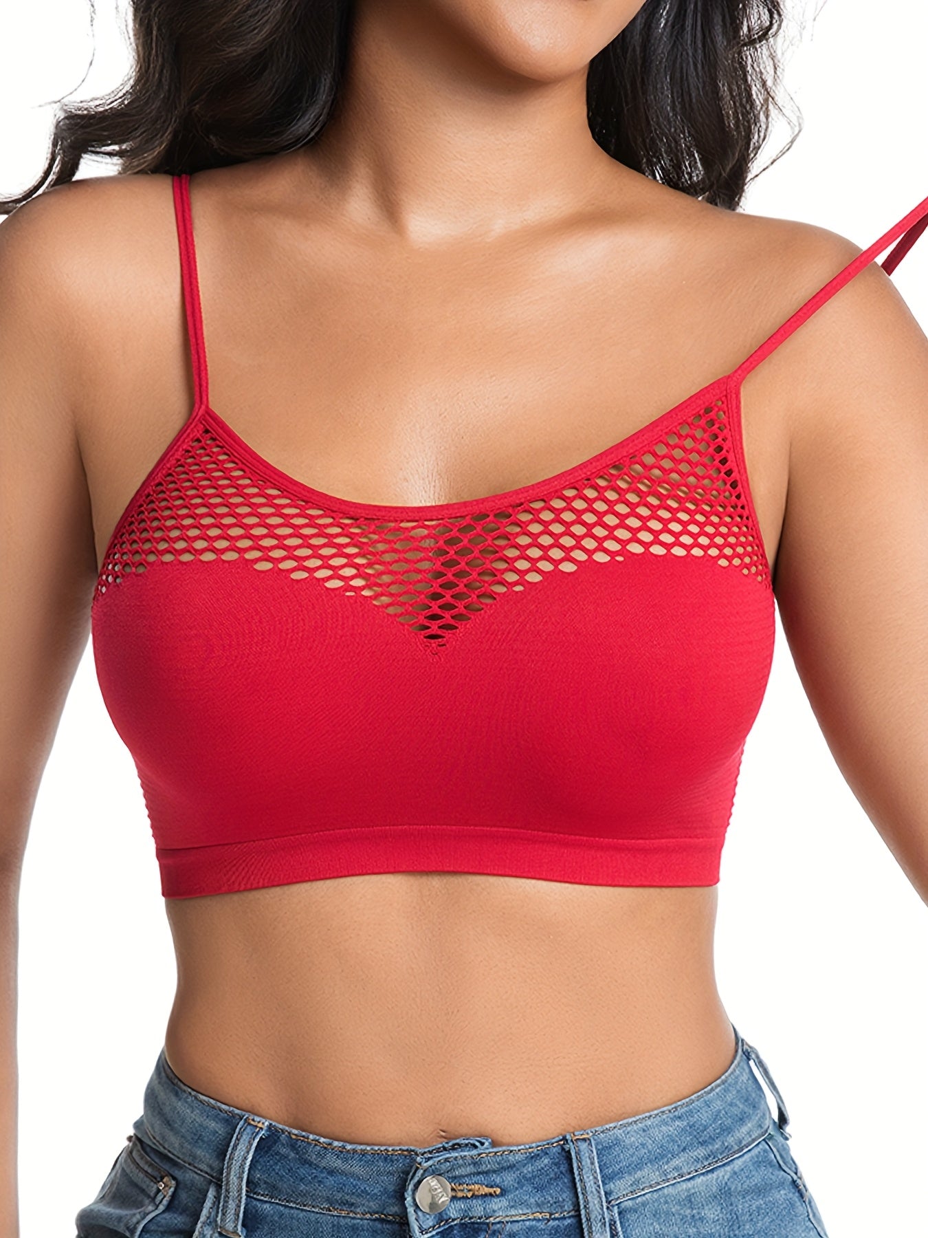 Set of 5 Colorful Women'S Casual Sports Bras, Designed Without Wires Or Padding for Daily Use, Showcasing an Alluring Fishnet Pattern That Accentuates The Bust, a Lovely Back, And Adjustable Straps