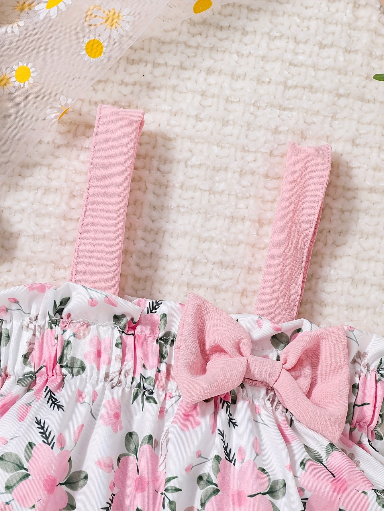 2pcs Baby Girls' Spring Summer Pink Floral & Bow Dress Set - Ruffled Sleeve Smock Dress & Matching Shorts with Elastic Waist, Machine Washable Playwear Outfit for & Young Girls (Casual Photo Shoot Clothes), Perfect for Outdoor