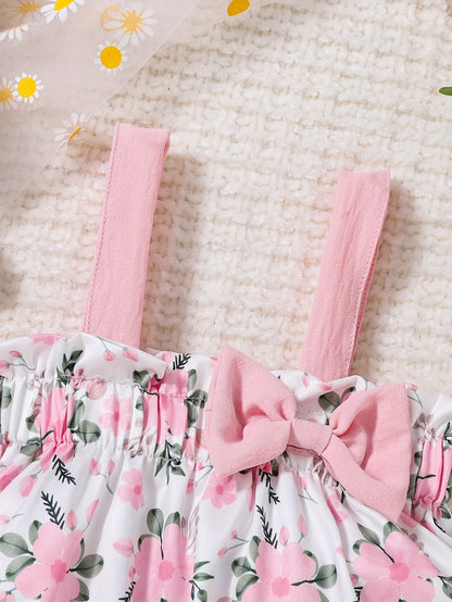 2pcs Baby Girls' Spring Summer Pink Floral & Bow Dress Set - Ruffled Sleeve Smock Dress & Matching Shorts with Elastic Waist, Machine Washable Playwear Outfit for & Young Girls (Casual Photo Shoot Clothes), Perfect for Outdoor