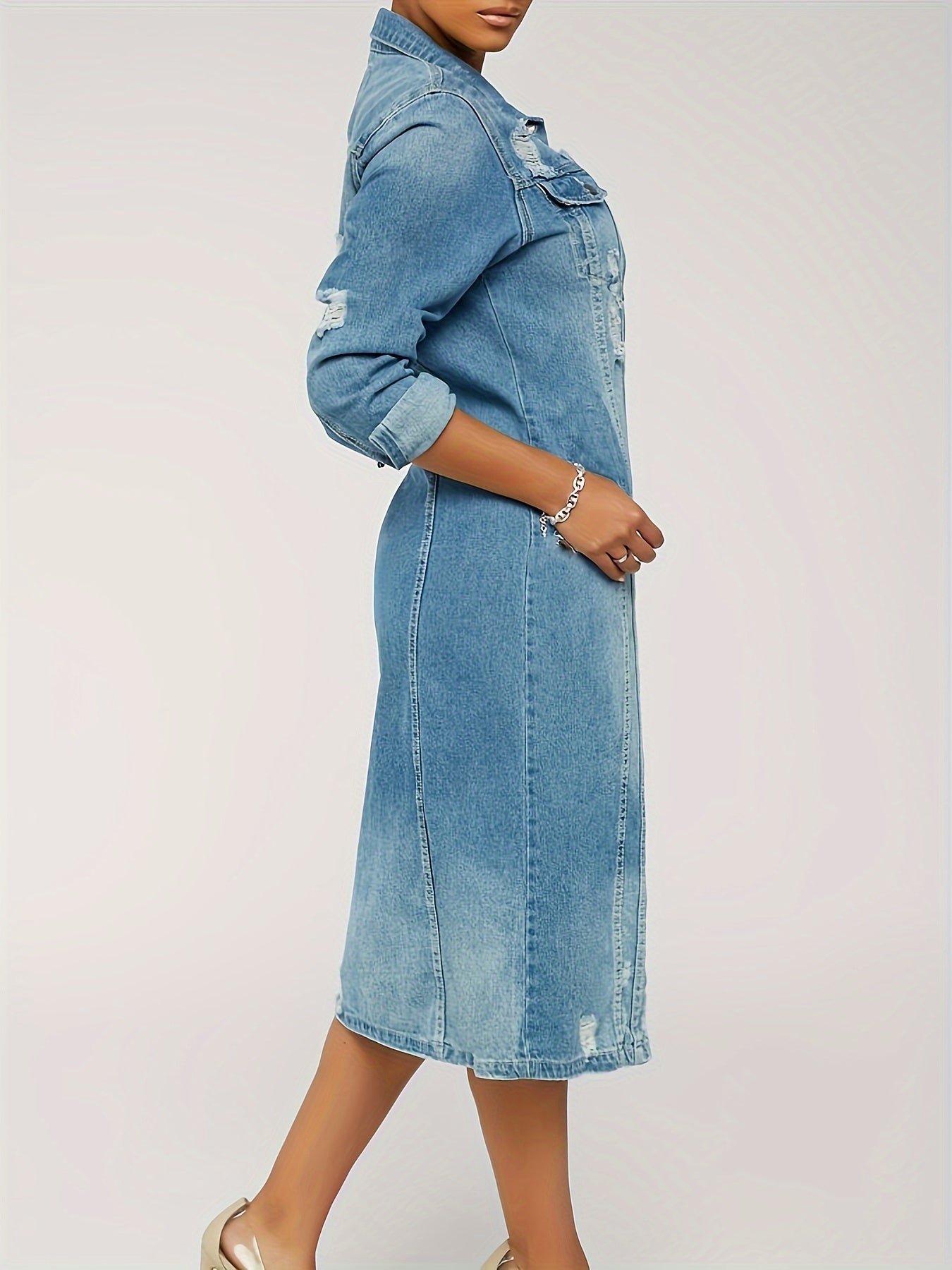 Long Denim Jacket With Worn Holes, Long Denim Trench Coat For Women