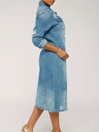 Long Denim Jacket With Worn Holes, Long Denim Trench Coat For Women