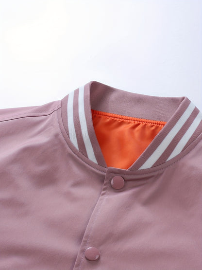 Men'S Plus Size Lightweight Varsity Jacket - Preppy Style, Baseball Collar, Button-Up, Solid Color with Striped Accents, Polyester, Machine Washable & Dry Cleanable, with Pockets, Sports Jacket|Loose Fit Jacket|Glossy Finish Jacket, PLUS SIZE
