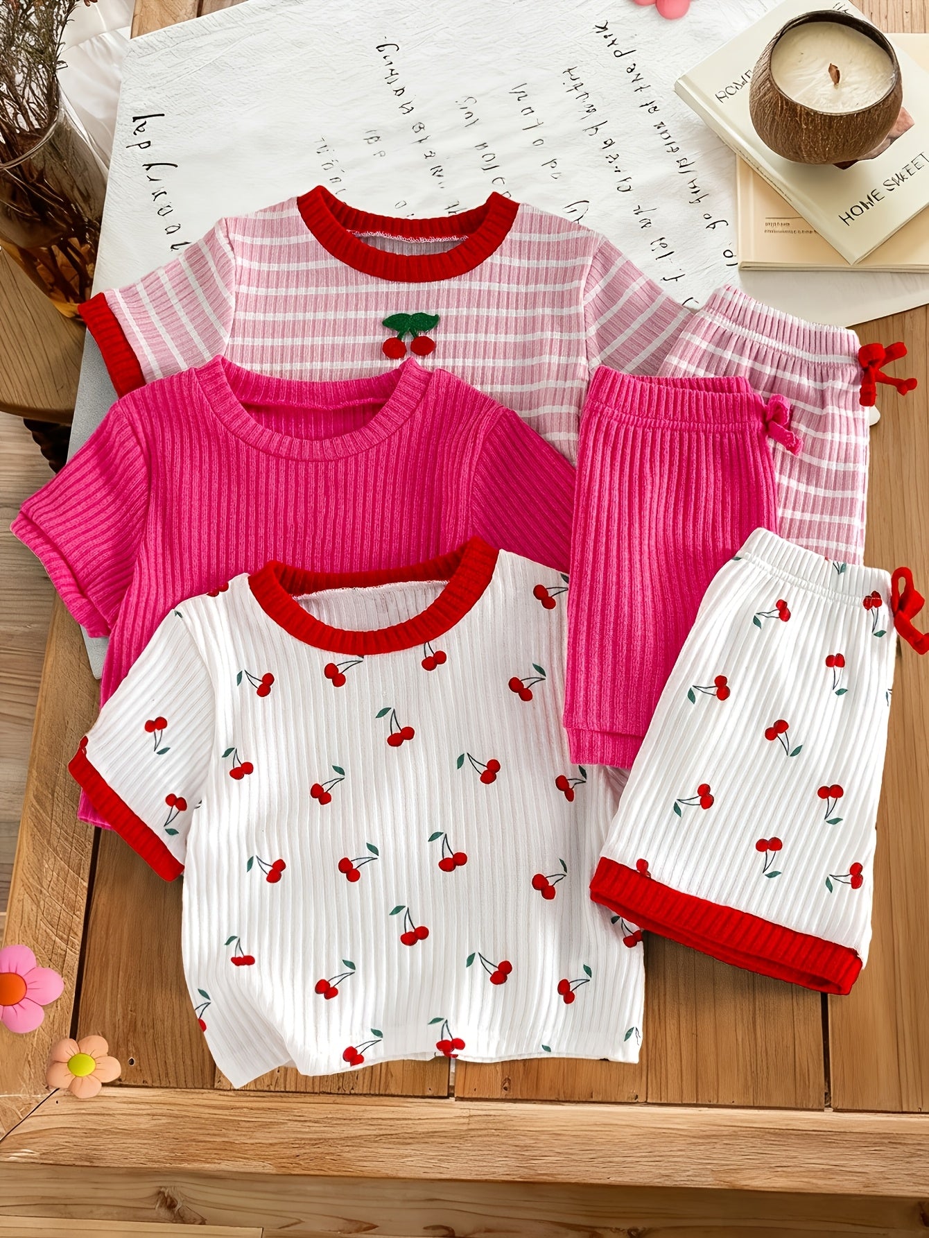 6pcs Set Of Girls' Summer New Cherry Fruit Pattern Short-sleeve And Shorts Comfortable Outfit, Perfect for Outdoor
