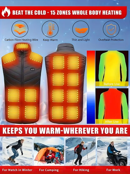 Heated Vest with 15 Heating Zones Dual-control Separate Heat Control for front and Back Gifts Idea Gift for Men Outdoor Sports Fishing Vest Warm Heating Clothing USB Charge 3 Heating Mode (Battery not Included)