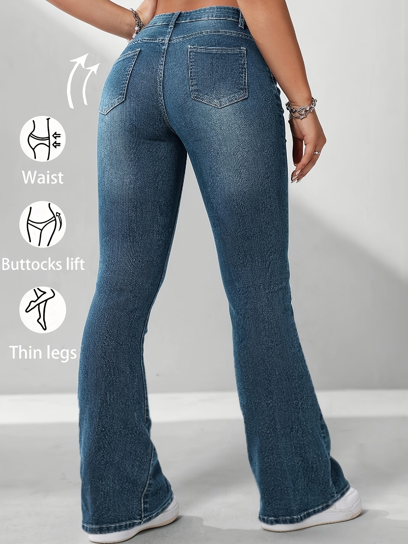Stylish Versatile Retro Blue High-Waist Stretch Slim-Fit Women'S Flared Jeans