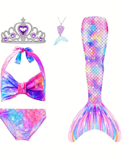 5-Piece Mermaid Tail Costume Princess Mermaid Outfit, Mermaid Dress Halloween Costume for Kids, Cosplay Clothes, Girls' Clearance Sale, Christmas Outfits Sets, Halloween Disguise for Girls