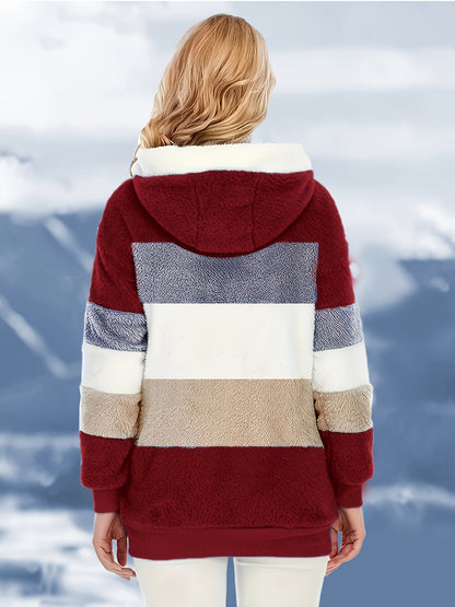 Women's Comfortable Plush Faux Hooded Jacket - Fall/Winter Warm Coat, Zipper Closure, Color Block Design, Soft Breathable Lining, Elegant | Plush Polyester, Local Warehouse, 2026 New Arrival