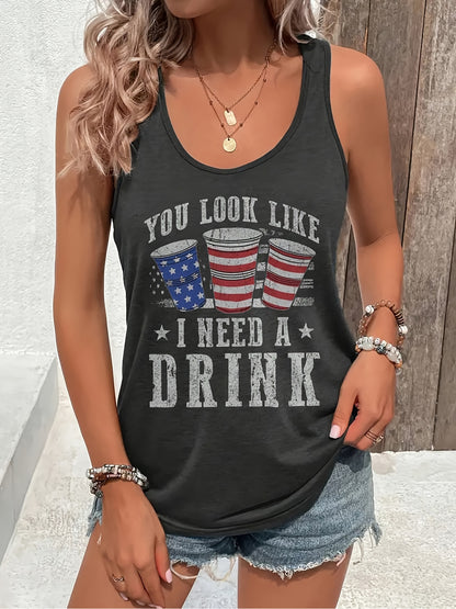 Women's Tank Top T-Shirt, Printed Tank Top T-Shirt, Sleeveless Tank Top T-Shirt, Women's Casual Tank Top T-Shirt 'Looks Like I Need a Beer' Humorous Pattern Print- American Flag Beer Mug, Star Design, Lightweight Summer Crew Neck Top