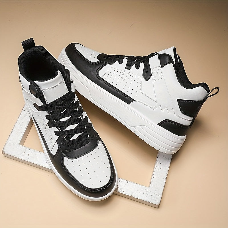Men's High-Top Lace-Up Sneakers - Durable, Lightweight, Fashionable Casual Sports Shoes, White, PU Upper, MD Sole, EVA/Fabric Insole, Round Toe, Ideal for Hiking, Running & Leisure, Cross Sports Shoes | Lace-Up Closure | Stylish Stitchin