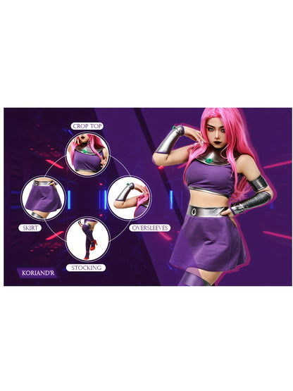 Women'S Halloween Outfit Featuring a Superhero Costume with a Purple Dress And Stockings