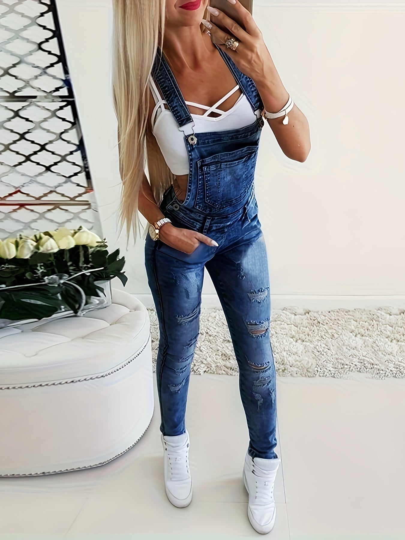 Women'S Stretchy Ripped Y-Strap Wide-Band Skinny Denim Overalls