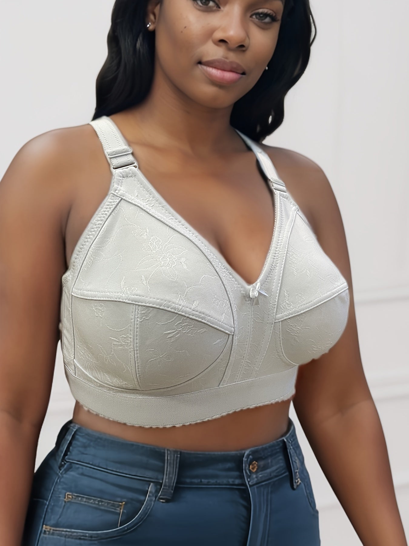 3pcs Women's Plus Size Wide Strap Bras - Floral Jacquard No Underwire Comfort Bras for Large Bust, Asymmetrical Design with Adjustable Straps & Breathable Fabric (White/Black/Beige)