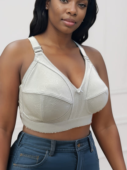 3pcs Women's Plus Size Wide Strap Bras - Floral Jacquard No Underwire Comfort Bras for Large Bust, Asymmetrical Design with Adjustable Straps & Breathable Fabric (White/Black/Beige)