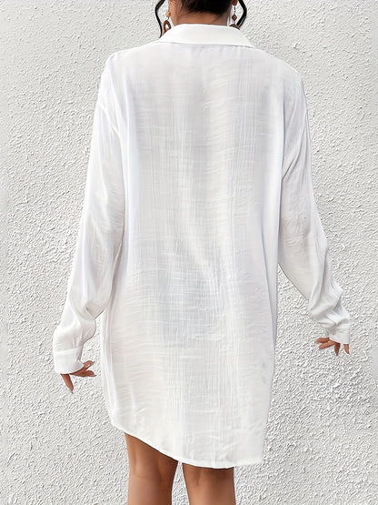Women's Plus Size Beach Cover-Up Shirt, Casual Style Long Sleeve Swimwear, Solid Color Cardigan for Seaside Vacation