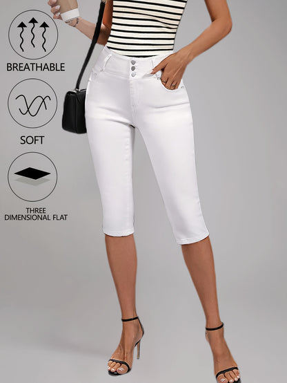 [High-Waisted Stretch Capri] Women's Deep Red High-Waisted Stretch Capri Pants Triple Row Button Fly with Metal Rivet Accents Booty Lifting Design 7/8 Length Cropped Jeans High Elasticity Soft Comfortable Machine Washable Versatile Wardrobe Essential for