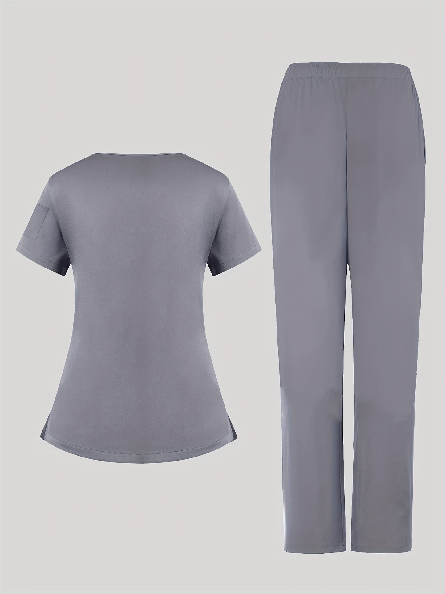 2pcs Women's Breathable V-Neck Work Uniform - Machine Washable Pocket Detail Matching Top & Pants, Casual Work Clothes Suitable for Work Uniforms, Healthcare, Education, Retail - Comfortable Professional Attire