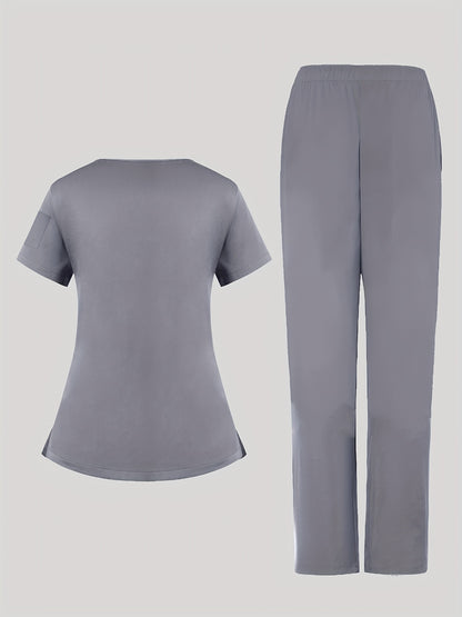 2pcs Women's Breathable V-Neck Work Uniform - Machine Washable Pocket Detail Matching Top & Pants, Casual Work Clothes Suitable for Work Uniforms, Healthcare, Education, Retail - Comfortable Professional Attire