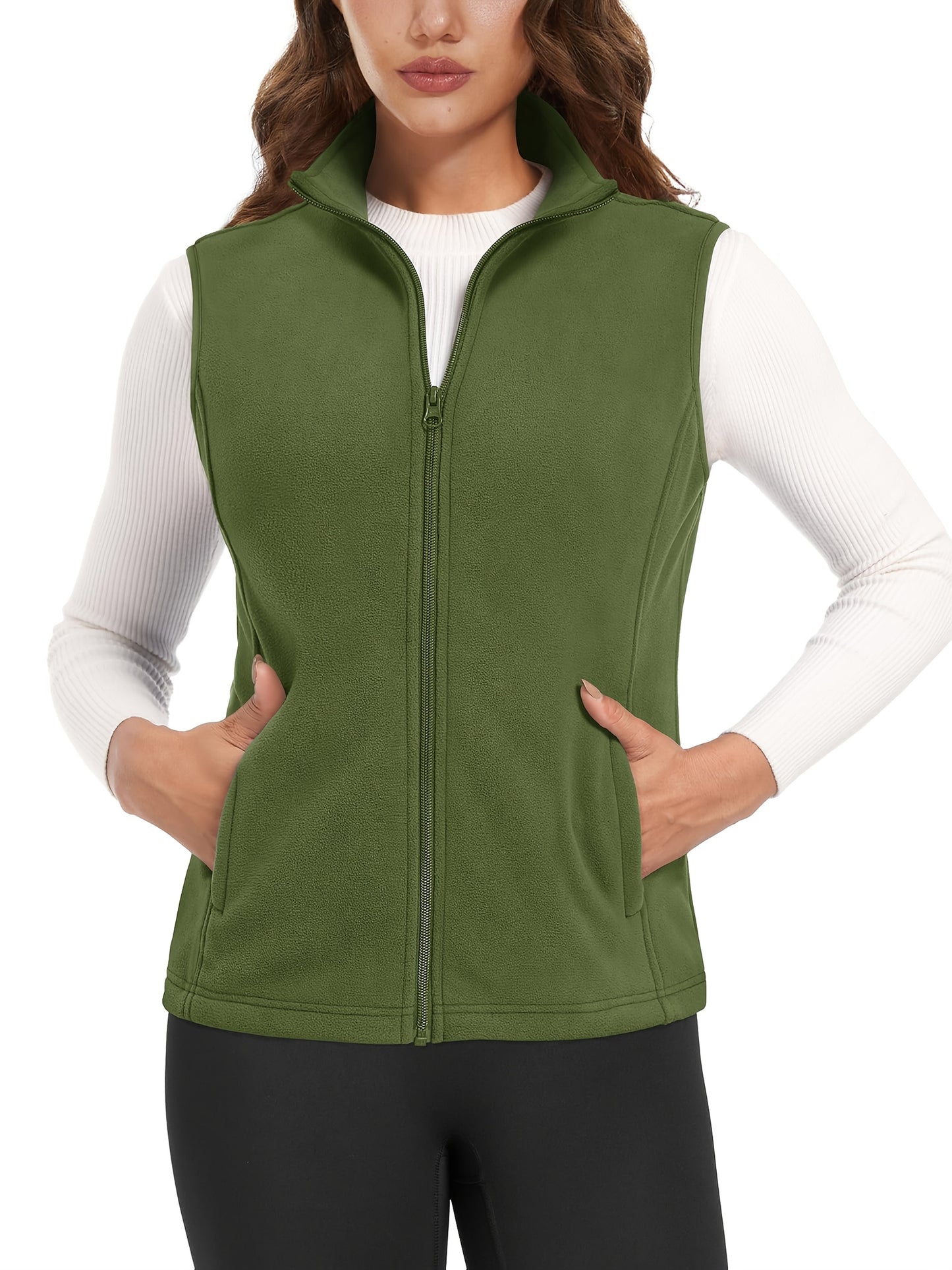 Women'S Fleece Zip Vest Lightweight Warm Sleeveless Jacket Stand Up Collar Windproof Soft Outerwear Vest with 4 Pockets Elastic Armholes for Camping Riding Office Outdoor Party Spring Fall Winter