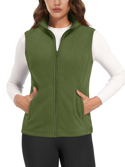 Women'S Fleece Zip Vest Lightweight Warm Sleeveless Jacket Stand Up Collar Windproof Soft Outerwear Vest with 4 Pockets Elastic Armholes for Camping Riding Office Outdoor Party Spring Fall Winter