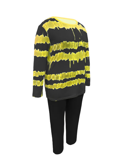 Plus Size - Plus-size Fashion Tie-dye Striped Print Long-sleeved Trousers Suit, Suitable For Going Out