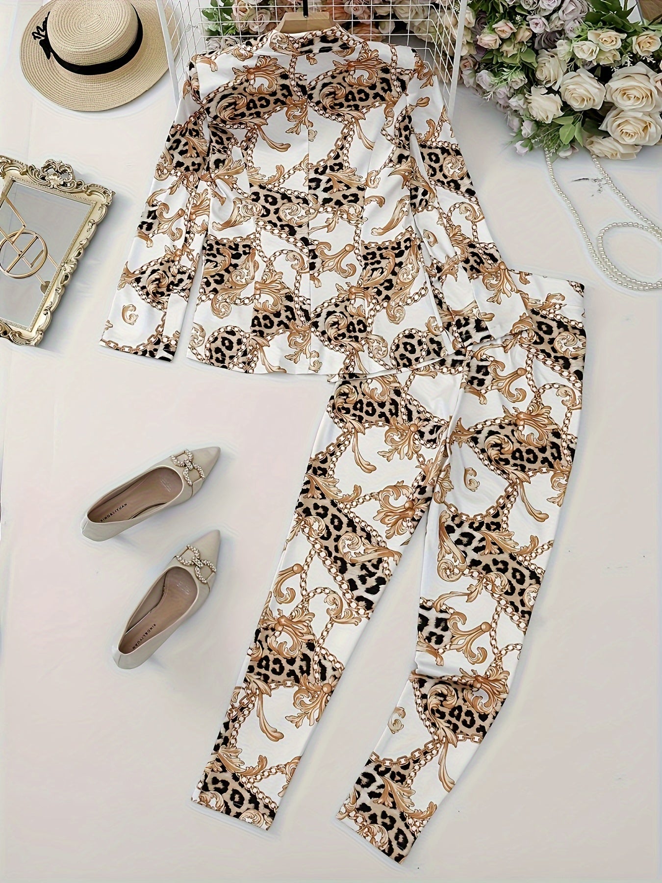 Two-Piece Lapel Blazer Set - Geometric Print, Micro Elastic, Fake Buttons, Casual Fabric Outfit for Spring/Fall - Polyester Womens Clothing