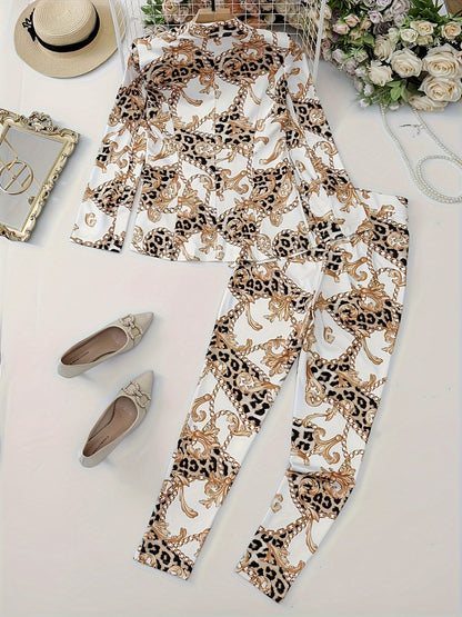 Two-Piece Lapel Blazer Set - Geometric Print, Micro Elastic, Fake Buttons, Casual Fabric Outfit for Spring/Fall - Polyester Womens Clothing