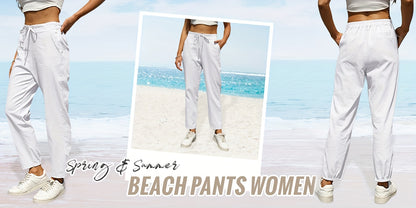 Women's Linen Pants - Summer High Waist Straight Leg Pants with Drawstring | Casual Beach Palazzo Pants | Boho Vacation Trousers for Travel