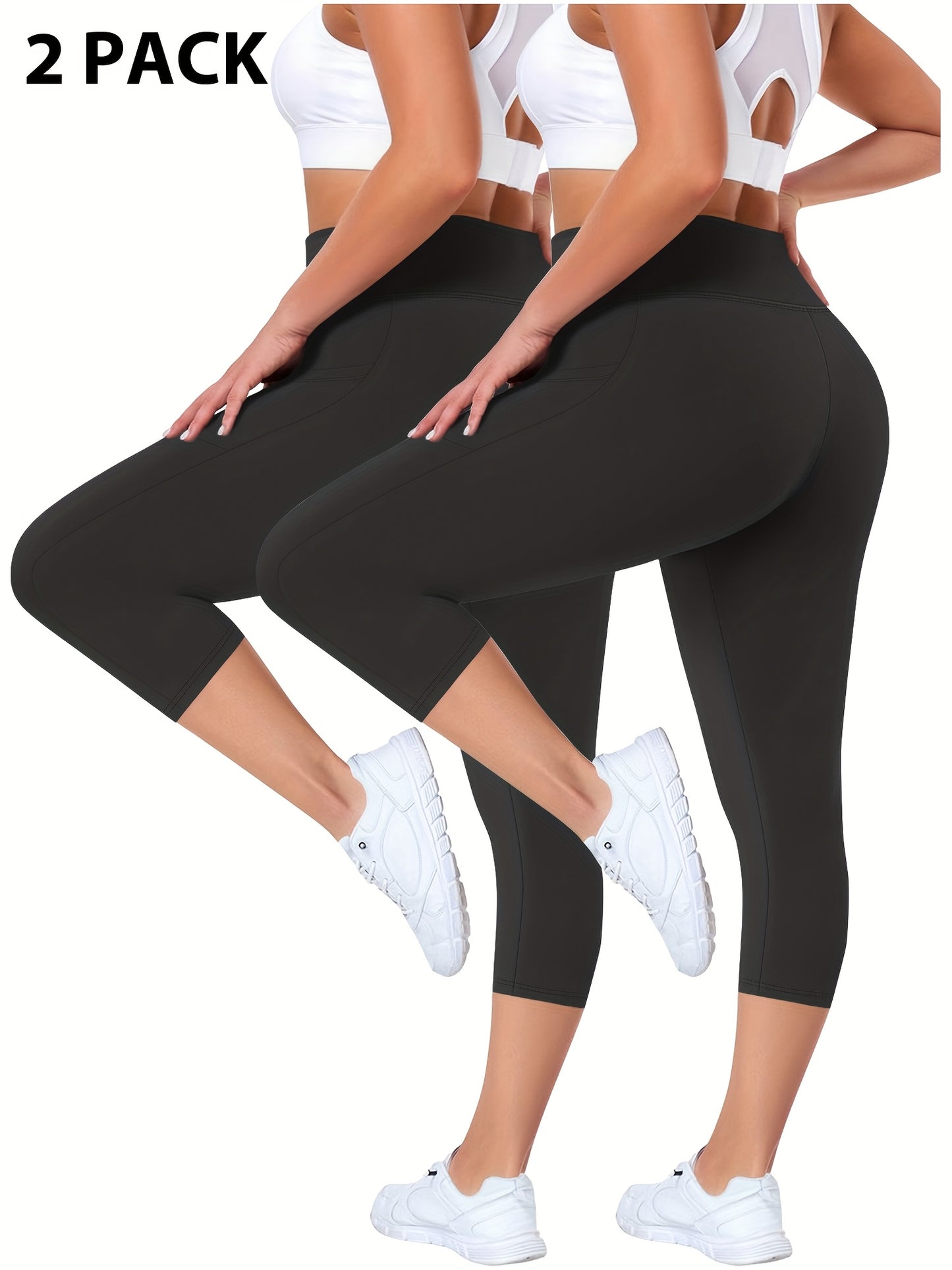 Plus Size - 2pcs Set - Plus Size High-Waisted Pocket Capri Pants - Soft Suitable for And Workouts - Elegant Style - New Spring And Summer Collection - Targeted Design