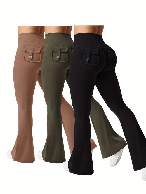 Women's Autumn 3pcs Set, New Style Casual Flared Yoga Pants, Training Flared Trousers, High-Waist Workwear with Belt and Pockets, Sportswear, Halloween Costume, Christmas Apparel