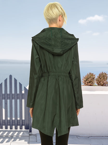 Women'S Lightweight Hooded Rain Jacket - Casual Outdoor Jacket with Drawstring Hood, Zippered Pockets & Solid Color Design for Spring/Fall, Raincoat for Women