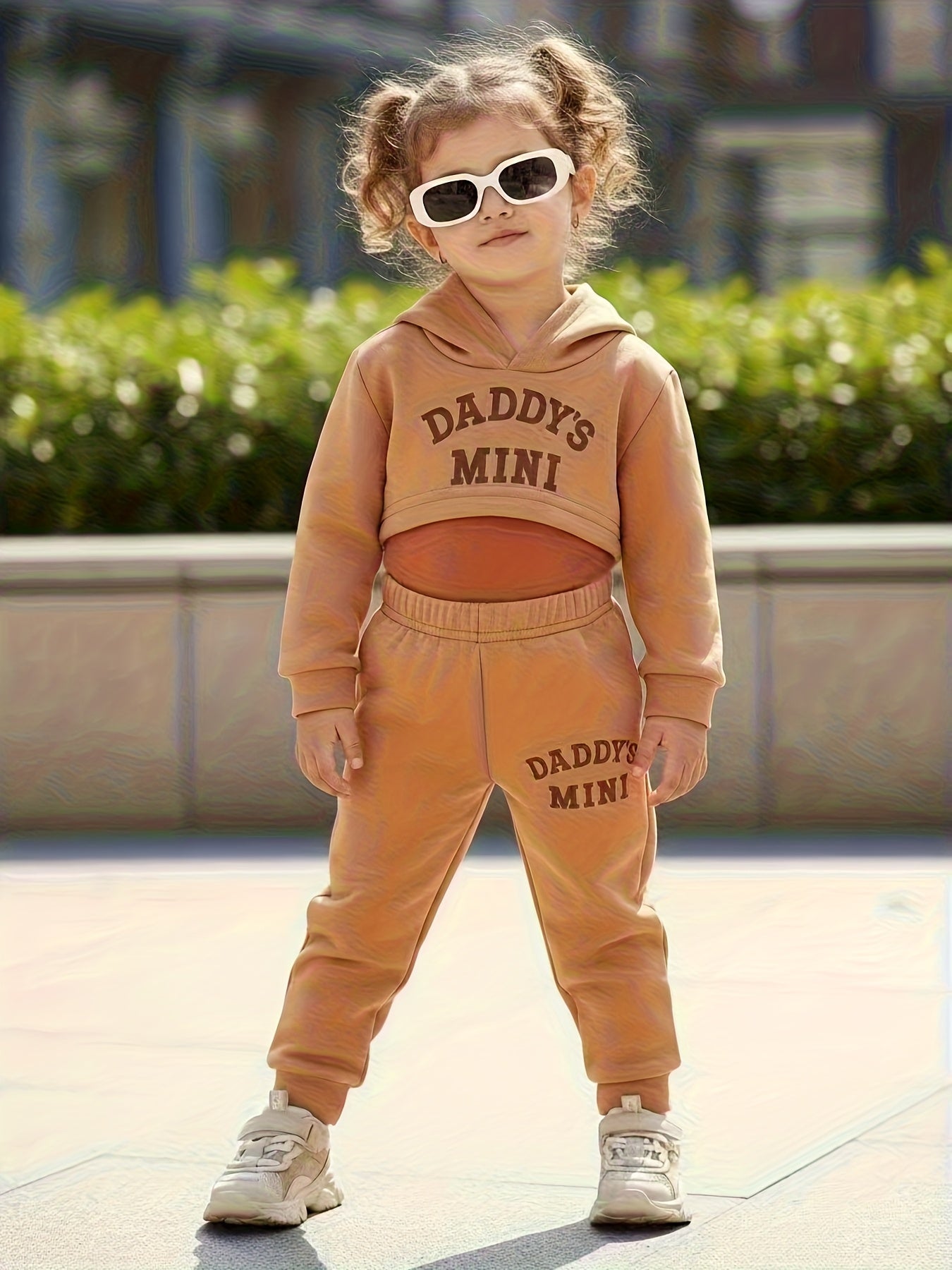 3pcs Baby's Trendy "Daddy's Mini" Print Cropped Hoodie + Cami Top + Casual Pants, Toddler & Infant Girl's Clothing Outdoor Set for Fall Winter, Outdoor Cloth, Perfect for Outdoor