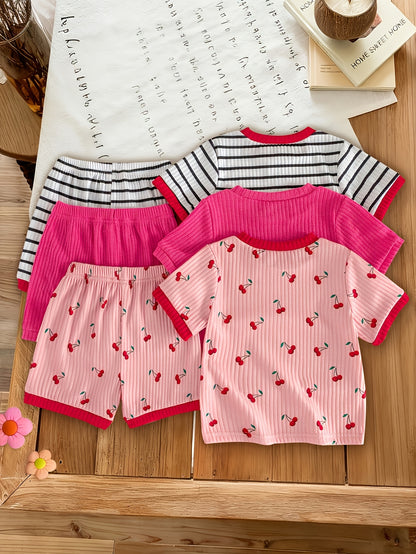 6pcs Set Of Girls' Summer New Cherry Fruit Pattern Short-sleeve And Shorts Comfortable Outfit, Perfect for Outdoor