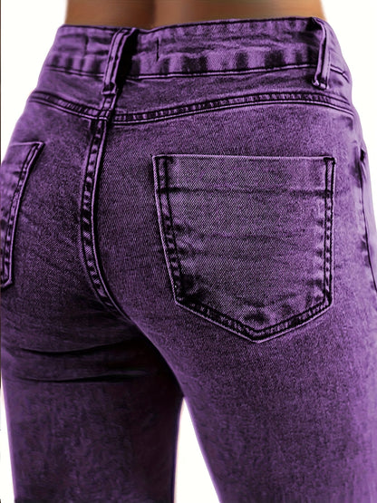 High Waisted Brown Washed Vintage Western Denim Style Stacked Elastic Horseshoe Slightly Flared Pants