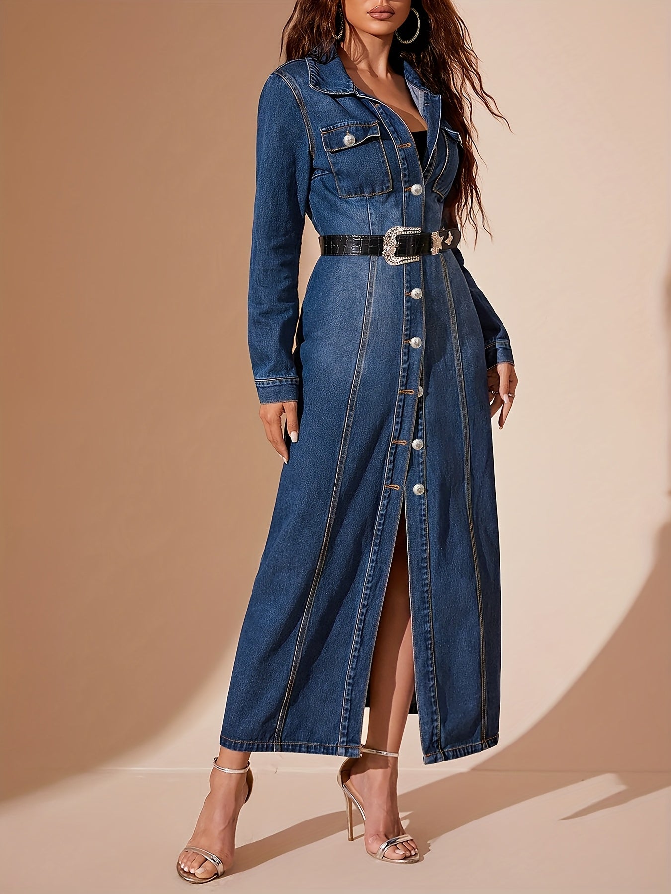 Women'S Vintage Single-Breasted Waist-Cinching Denim Dress, Long-Sleeved Lapel Slim-Fit Denim Coat-Style Maxi Skirt, Versatile Casual Dress for Spring, Autumn And Winter Suitable for Various Occasions