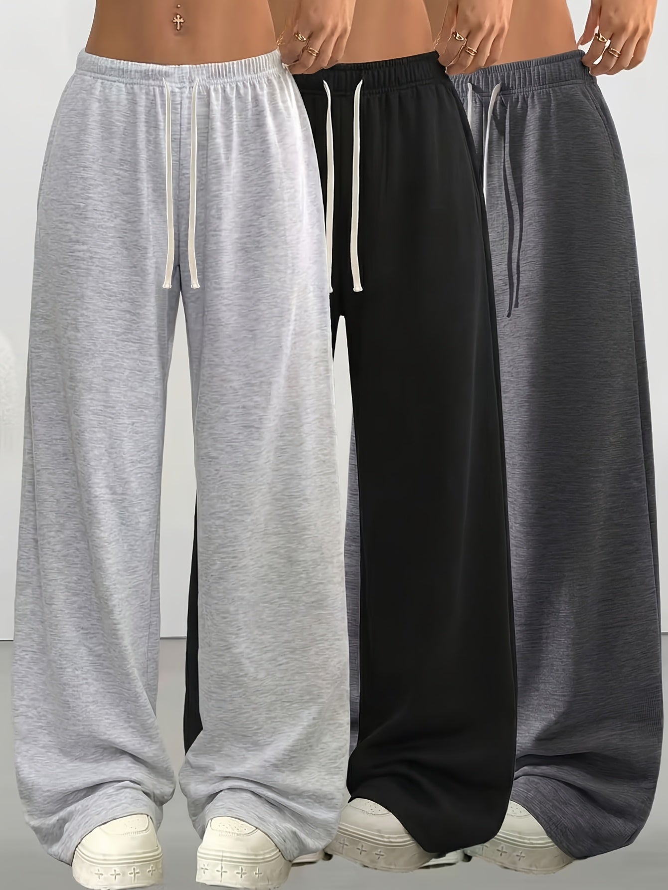 3pcs Spring And Summer Trendy Versatile Long Pants [Soft Joggers] Sizes Run Large, It Is Recommended to Choose One Size Smaller. Women'S Soft Joggers - Loose Fit, Elastic Waistband with Drawstring, Double Side Pockets - Machine Washable