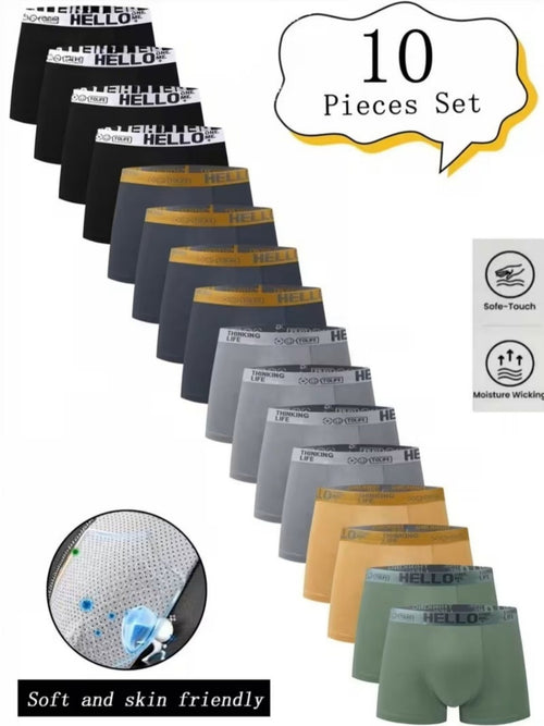 10-pc Men'S Boxer Briefs - Hello Print: Breathable, Soft, And Stretchy, with a Comfortable Mid-Rise Fit. Available in 5 Colors (Yellow, Green, Black, Light Gray, Dark Gray). A Daily Essential, Perfect for Casual Wear And Sports. Trendy