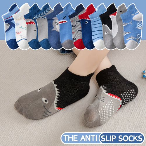 12 Pairs of Non-Slip Ankle Socks for Baby Boys And Toddlers, Featuring Grippers And a Shark Design