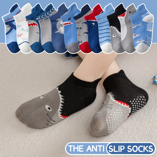 12 Pairs of Non-Slip Ankle Socks for Baby Boys And Toddlers, Featuring Grippers And a Shark Design