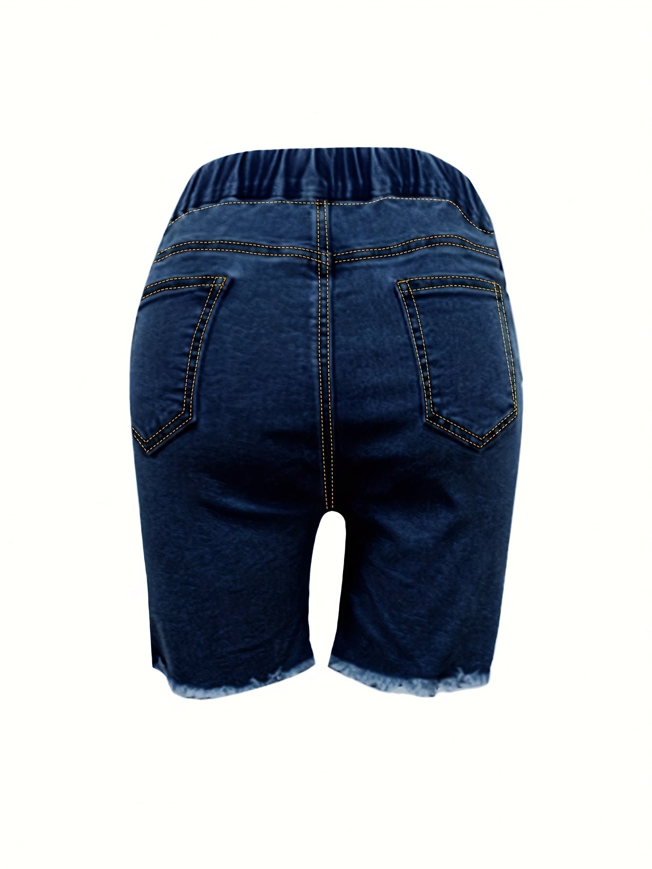 Ladies' Fashionable Ripped Denim Shorts, Mid Waist Straight Leg Pants, Waist Drawstring Design, Frayed Edges with Pockets, Summer Casual Wear