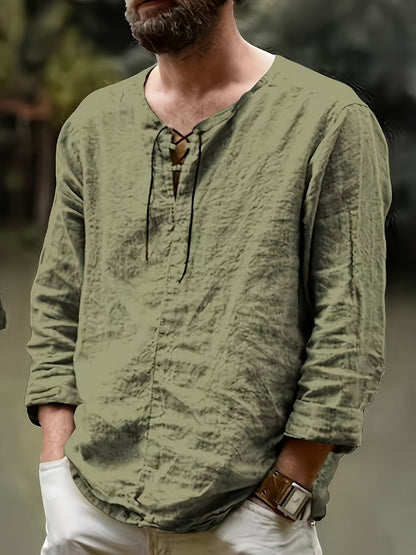 Men's Lace Detail Casual Shirt - V-Neck Long Sleeve