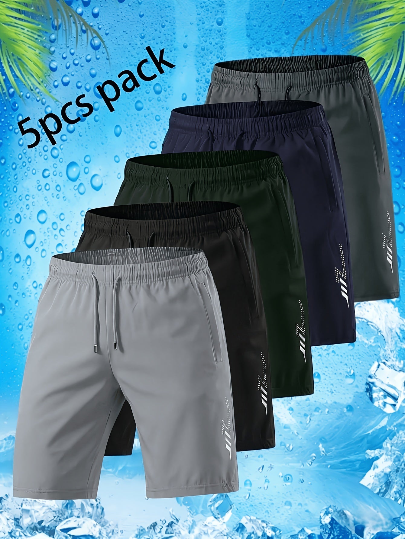 5-Pair Men's Lightweight Summer Athletic Shorts - Breathable, Moisture-wicking, And Quick-drying; Solid Color with Zippered Pockets; Suitable for Sports And Casual Wear; Ventilated Textured Design