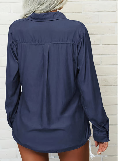 Women's Solid Color Lapel Long Sleeve Button- Shirt - Casual & Office Versatile Blouse, Machine Washable Spring/Fall Top with Classic Collar Design